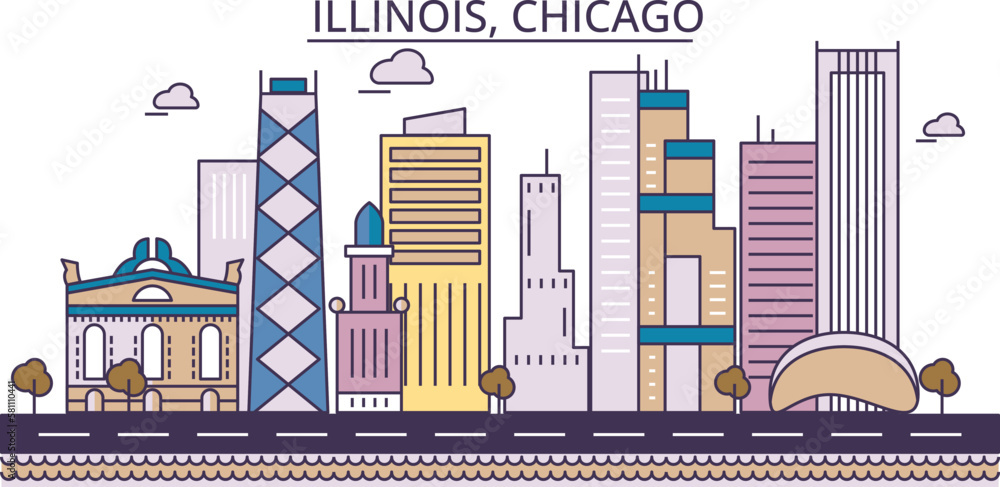 United States, Chicago tourism landmarks, vector city travel illustration