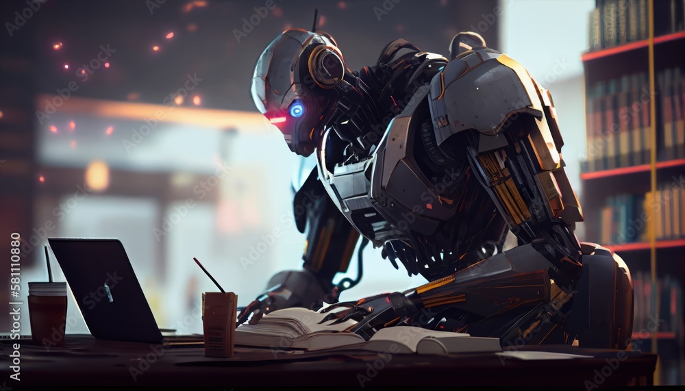 Self educating artificial intelligence. Machine learning concept. Robot studying, writing code and reading books in library. AI and Neural network development. Self educating artificial intelligence. Machine learning concept. Robot studying, writing code and reading books in library. AI and Neural network development.