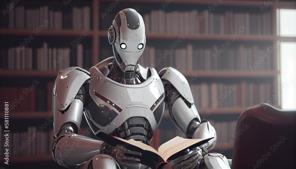 Self educating artificial intelligence. Machine learning concept. Robot studying, writing code and reading books in library. AI and Neural network development. Self educating artificial intelligence. Machine learning concept. Robot studying, writing code and reading books in library. AI and Neural network development.