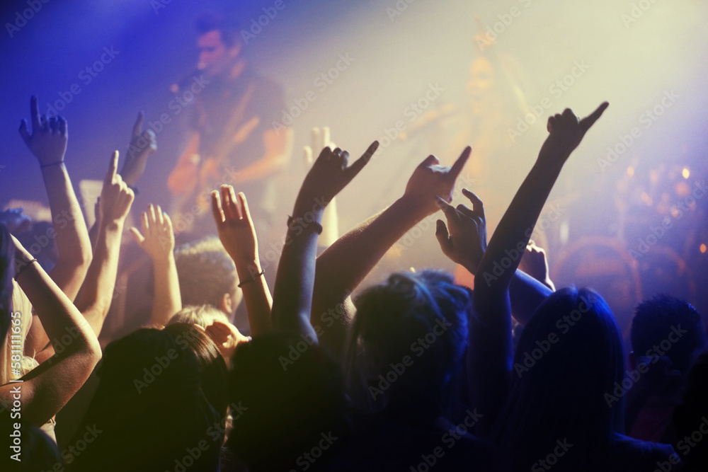 Raise your hands if you like music. adoring fans at a rock concert.