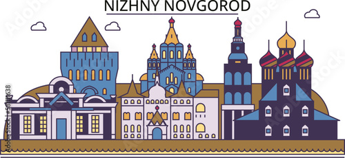 Russia, Nizhny Novgorod tourism landmarks, vector city travel illustration