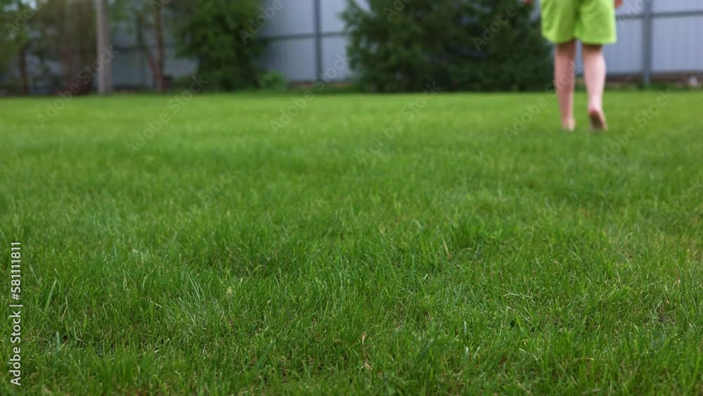 Children's feet run barefoot on green grass. Selective focus. Taken from hand. High quality 4k footage Children's feet run barefoot on green grass. Selective focus. Taken from hand. High quality 4k footage