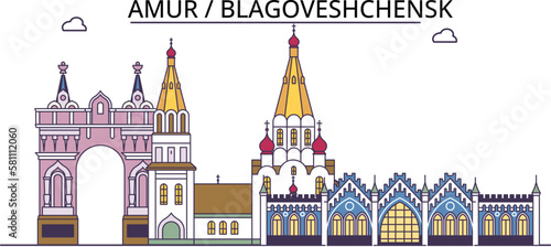 Russia, Blagoveshchensk tourism landmarks, vector city travel illustration