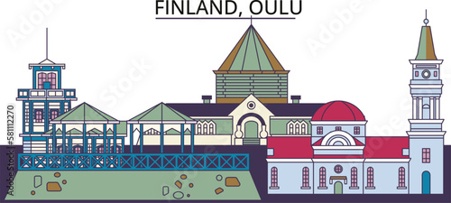 Finland, Oulu tourism landmarks, vector city travel illustration