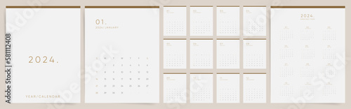 Calendar 2024. Week starts Sunday. Minimal boho design monthly template vector.  © Takoyaki Shop
