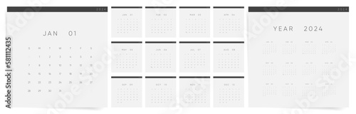 Square 2024 calendar template. Corporate office design. Week starts on Sunday. 