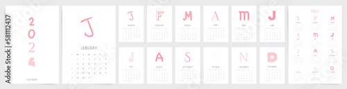 Minimal 2024 calendar design. Week starts on Sunday. Monthly pages calendar for 2024 with modern minimal typography. 