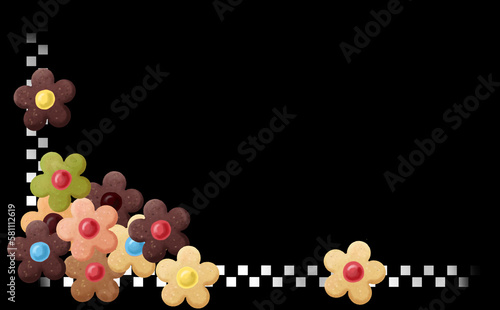 カラフルなお花のクッキーのL字フレーム コピースペース有 黒背景スクエアドット イラスト素材 色違い・差分あり