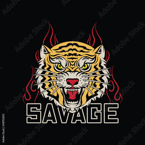 Wild Tiger Head Illustration with text savage and simple fire icon on the behind, Vector Artwork for Apparel and Other Uses