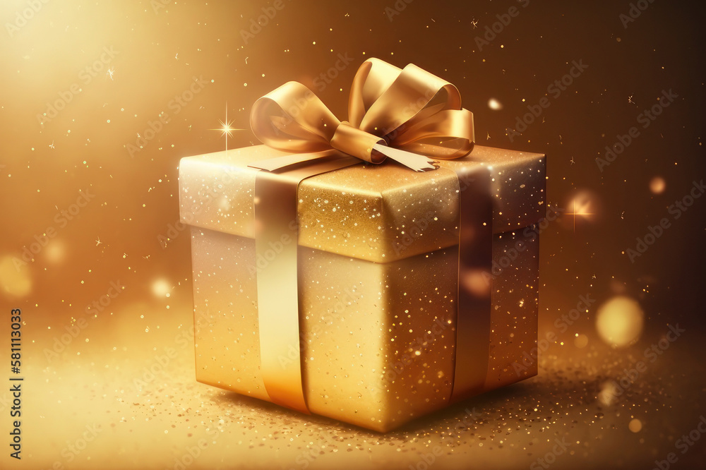 Golden gift and glare on a golden background. AI generative. Golden gift and glare on a golden background. AI generative.
