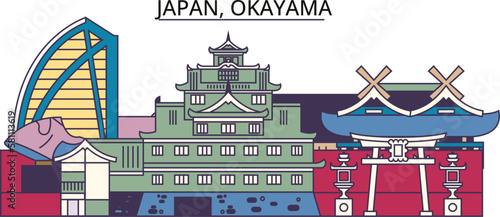 Japan, Okayama tourism landmarks, vector city travel illustration photo