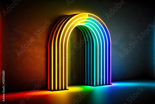 beaful background with 3d render neon backlighting of rainbow lamps and straight lines, created with generative ai photo