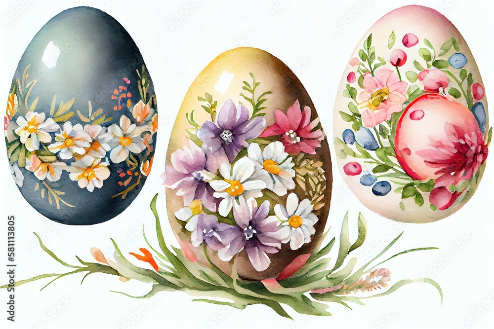 Watercolor Illustration of a Easter Eggs With Flower Decoration On White Background. Generative AI Watercolor Illustration of a Easter Eggs With Flower Decoration On White Background. Generative AI