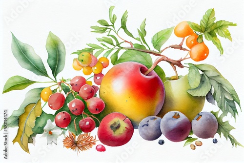 Watercolor Illustration of a Gesunde ErnÃ¤Hrung Â€“ Seitenansicht Von Menschen GefÃ¼Llt Mit Obst Und GemÃ¼Se. Generative AI photo