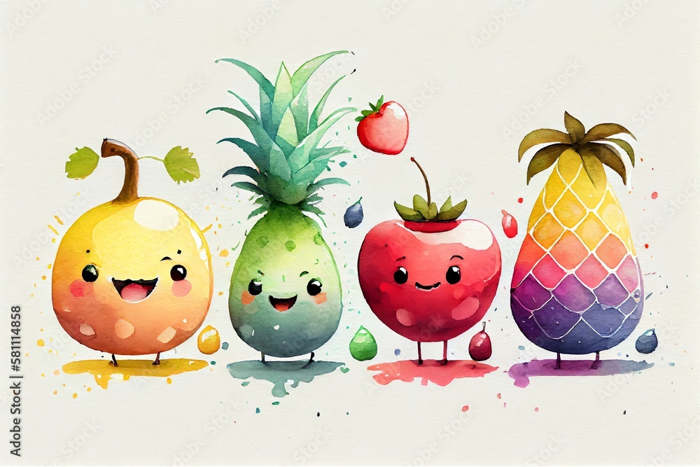 Watercolor Illustration of a Happy Fruits, Cute Cartoon 3D Collection