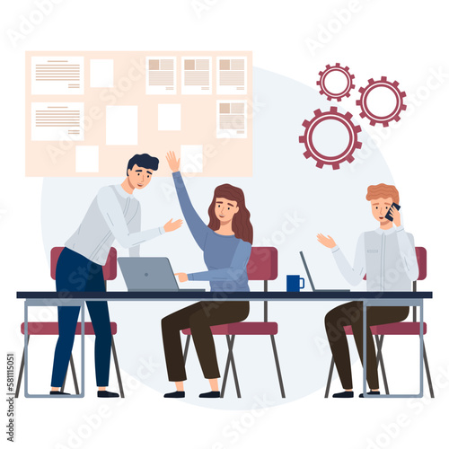Teamwork concept with business people solving tasks together, sitting at table with laptop. Boss talking to subordinate in office. Collaboration employees talking discussing plan working with computer