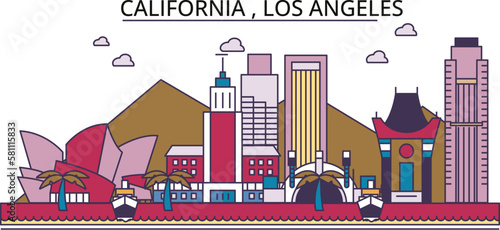 United States, Los Angeles tourism landmarks, vector city travel illustration
