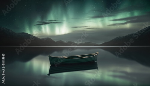 Cute small fishing boats in the Norwegian fjord. Scandinavian inspired minimalistic illustration. Generative AI