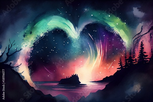 Watercolor Illustration of a Norhtern Lights Love. Generative AI