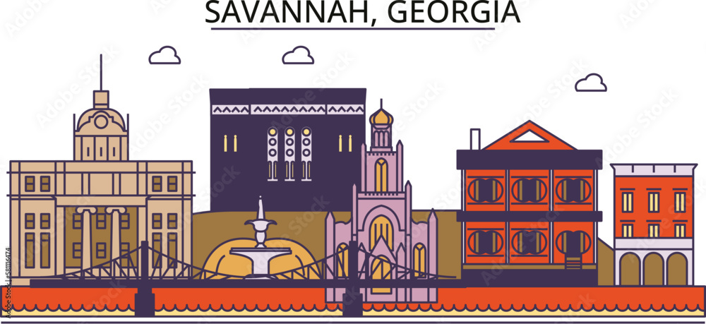 United States, Savannah tourism landmarks, vector city travel illustration