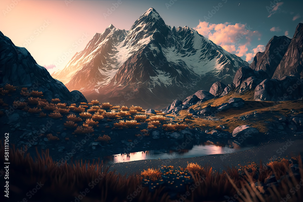 Mountain landscape at sunset, - Rejuvenating, snow, mountains, winter, alps, travel.