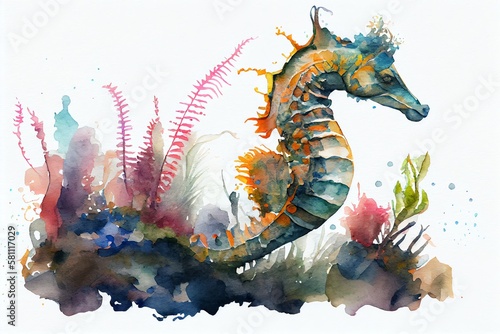 Watercolor Illustration of a Seahorse Under The Sea Art. Generative AI