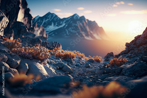 Mountain landscape at sunset, - Rejuvenating, snow, mountains, winter, alps, travel.