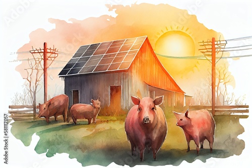 Watercolor Illustration of a Solar Panels In Natural Environment, Farm Animals. Photovoltaic Farm . Sunny Weather, Sunset Beautiful. Generative AI