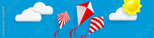 Summer vacation background. Sun, white clouds and flying kites. Realistic 3D objects