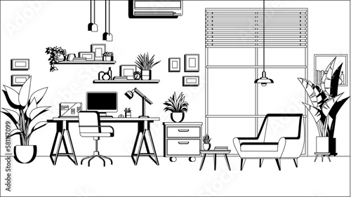 Empty office workplace interior design in line art style. Business objects, vector elements and equipment. Modern office with furniture and computer on table, chairs, potted plant, panoramic window