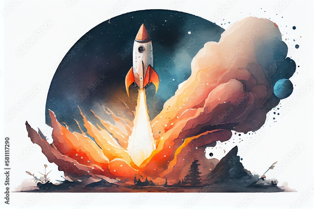 Watercolor Illustration of a Spaceship Takes Off Into The Starry Sky. Rocket Starts Into Space. Generative AI