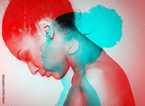 Young beautiful african american woman meditates or dreams, double exposure