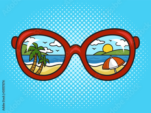 reflection of summer sea beach and palm trees in women sunglasses pinup pop art retro vector illustration. Comic book style imitation.