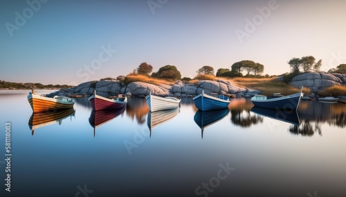 Cute colorful small fishing boats in the Norwegian fjord. Scandinavian inspired minimalism. Generative AI
