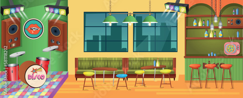 A coffee shop with a Japanese retro atmosphere. Cafe interior with coffee machine at cashier desk, refrigerator, chalkboard menu, tables with couches, bar and chairs. Cartoon vector illustration 1979s photo