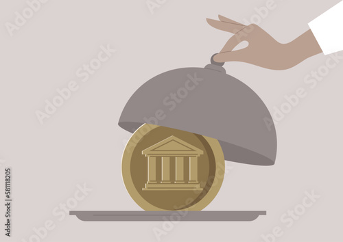 A waiter opening a metal cloche, a big coin on a tray