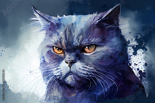 Watercolor Illustration of agry, Disgruntled Cat On A Blue Background, Technology. Copy Space. Generative AI photo