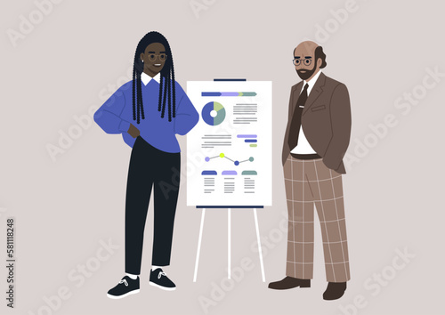 Data analysis and optimization, a character pitching a project printed on a flip chart