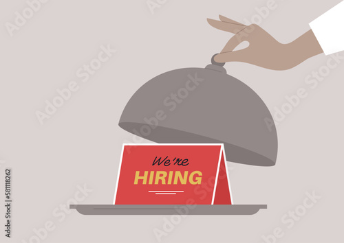 We are hiring, a hand opening a cloche lid, an announcement card on a tray, HoReCa business