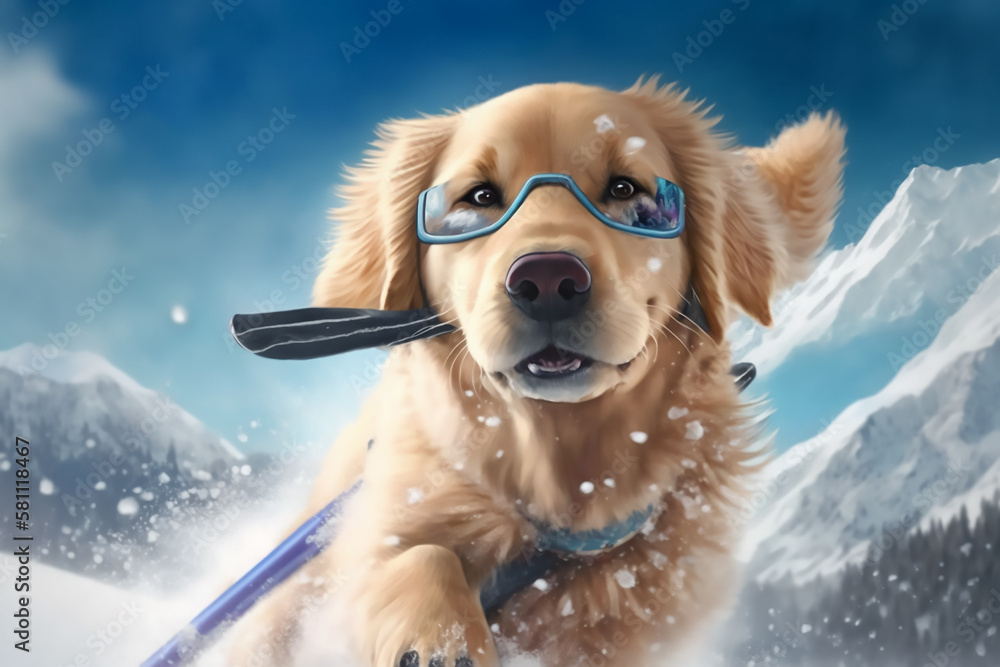 Dog skiing on the ice mountain at winter snow. Generative AI Dog skiing on the ice mountain at winter snow. Generative AI