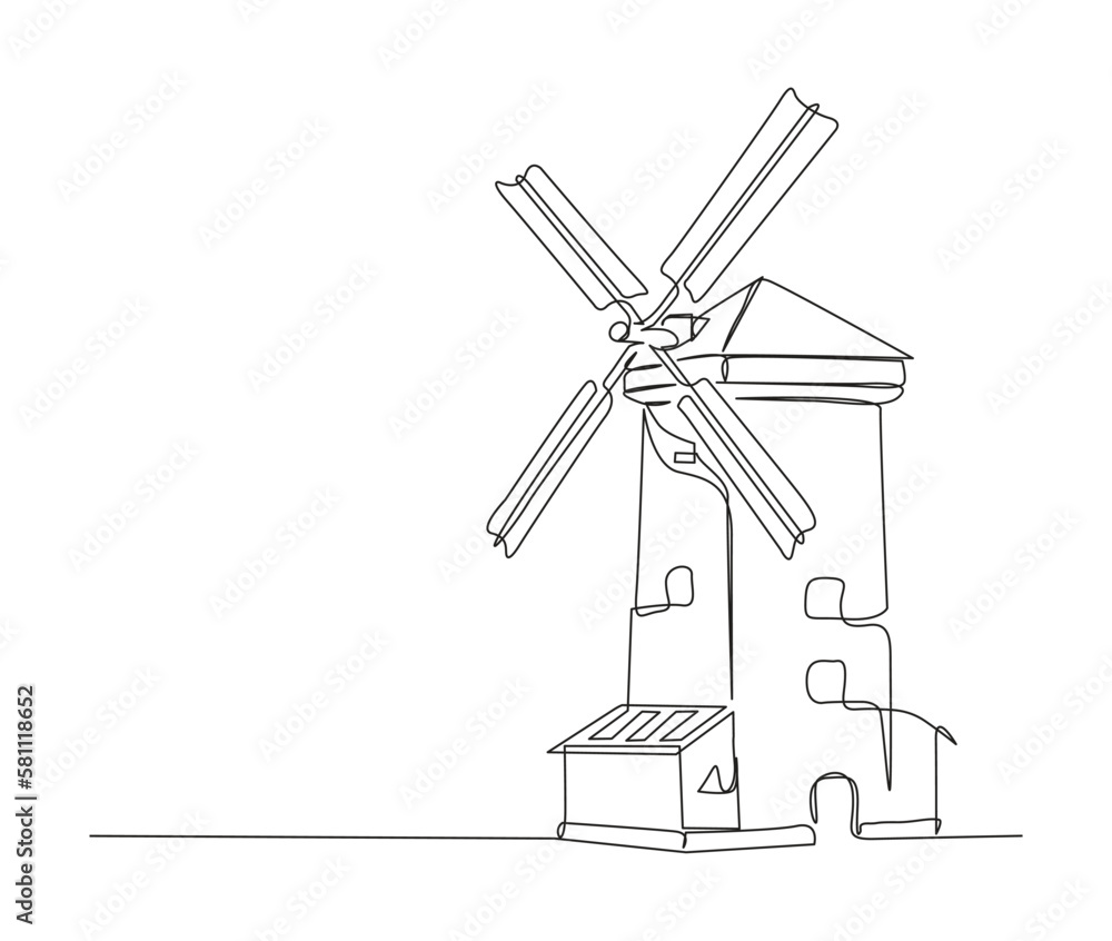 Continuous one line drawing of old vintage wind mill. simple old turbine tower outline vector illustration.