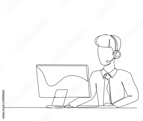 Continuous one line drawing of young man sitting in front of a computer with a headset. simple customer serive worker outline vector illustration. photo