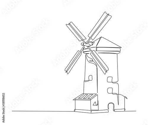 Continuous one line drawing of old vintage wind mill. simple old turbine tower outline vector illustration.