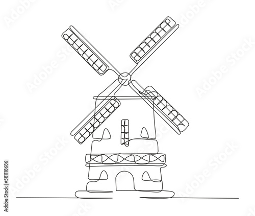 Continuous one line drawing of old vintage wind mill. simple old turbine tower outline vector illustration.
