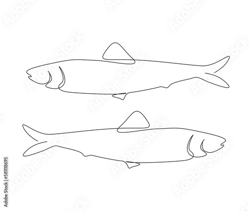 Continuous one line drawing of sardine fish. Simple ocean fish outline vector illustration for fishing, seafood, and restaurant concept.