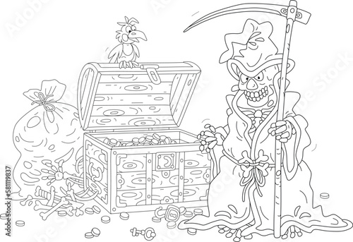 Creepy Death with its terrible scythe and an old chest full of golden coins, black and white outline vector cartoon illustration for a coloring book