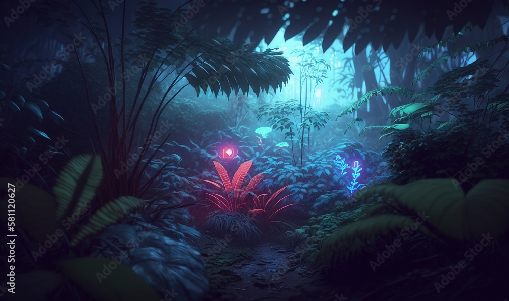  a dark forest filled with lots of green plants and plants with red lights in the middle of the forest, and a red light in the middle of the forest.  generative ai