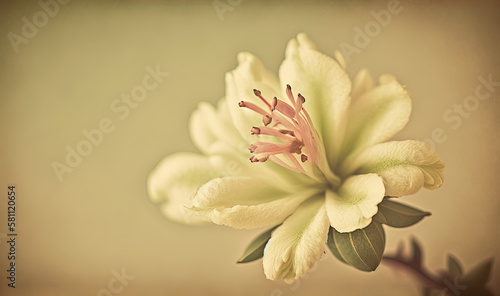  a close up of a flower on a stem with leaves on a brown background with a light green background and a light pink center flower with green leaves.  generative ai