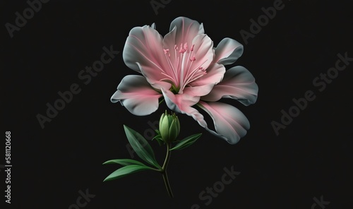  a single pink flower with green leaves on a black background with a black background and a black background with a black background with a single pink flower.  generative ai