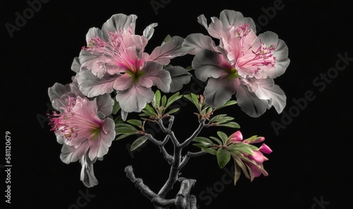  a black and white photo of flowers in a vase on a black tablecloth with a black background and a white vase with pink flowers in it. generative ai